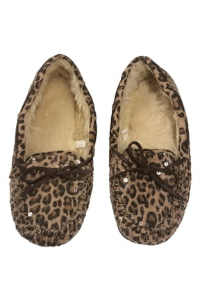 Womens Plush Brown Sequin Leopard Print Slippers Loafers 11