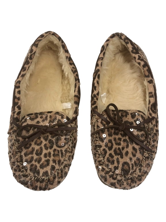 Womens Plush Brown Sequin Leopard Print Slippers Loafers 11