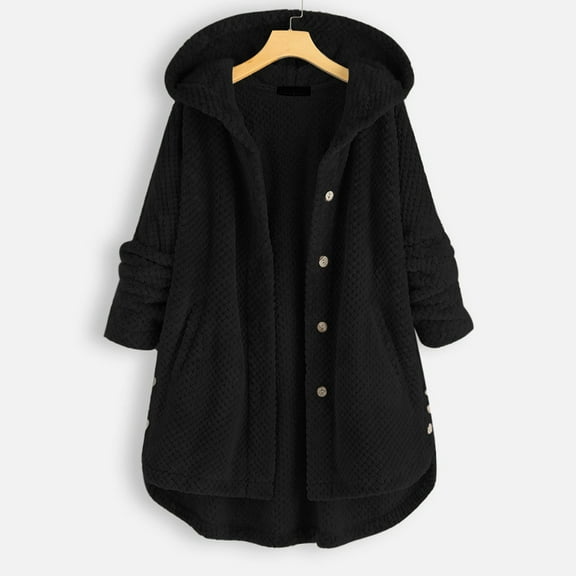 Womens Plush Coat Usmixi Winter Plush Overcoat for Women Casual Solid Plus Size Open Button Hooded Fleece Sweatshirt Outwear Ladies Long Sleeve Pocket Coats 2023 Coats