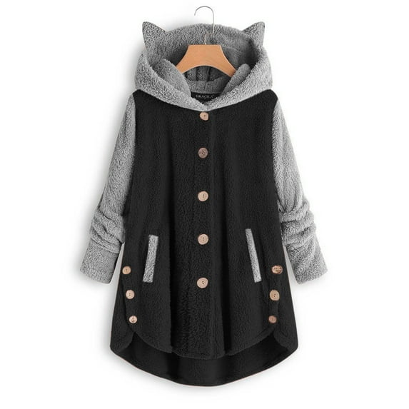 Womens Plush Coat Usmixi Womens Fleece Overcoats Fashion Color Block Button Down Cute Cat Ear Hooded Sweatshirt Coats Irregular Hem Plus Size Pocket Outwear Winter Trendy Coat