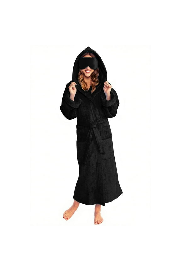 Womens Plush Fleece Bathrobe with Eye Mask Warm Fleece Hooded Robes Soft Long Spa Robe Fuzzy Sleepwear Pockets Black, L