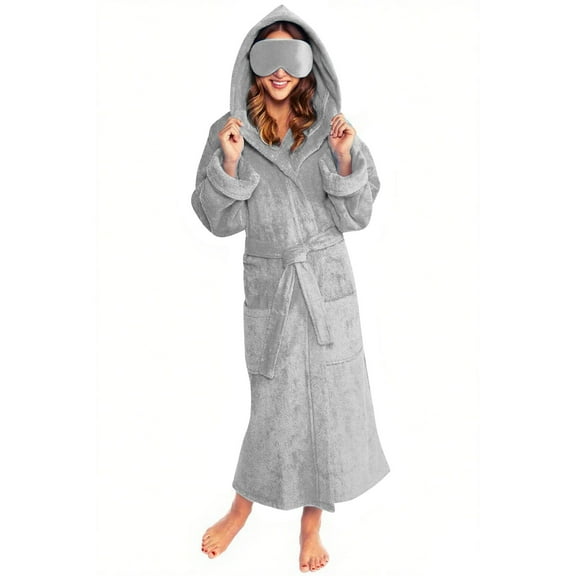 Womens Plush Fleece Bathrobe with Eye Mask Warm Fleece Hooded Robes Soft Long Spa Robe Fuzzy Sleepwear Pockets Gray, S