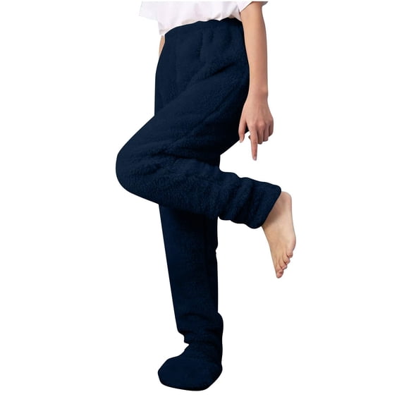 Womens Plush Fleece Footed Pajama Pants Winter Warm Soft Sleepwear Comfy Lounge Trousers Fuzzy Footie Sleep Bottoms Navy