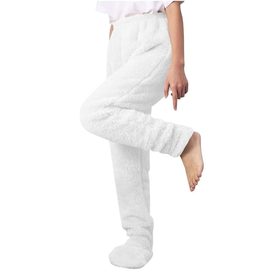 Womens Plush Fleece Footed Pajama Pants Winter Warm Soft Sleepwear Comfy Lounge Trousers Fuzzy Footie Sleep Bottoms White