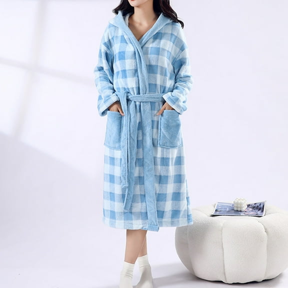 Womens Plush Fleece Hooded Robe Thickened Long Sleeve Soft Loungewear Absorbent Plaid Robe with Belt and Pocket Warm Cozy Bathrobe