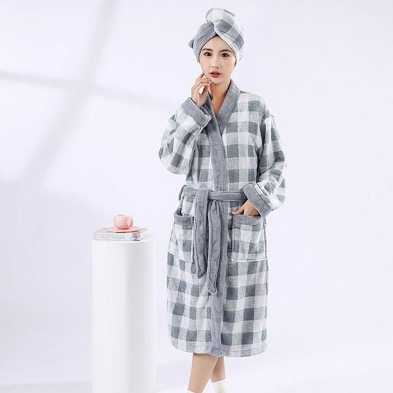 Womens Plush Fleece Hooded Robe Thickened Long Sleeve Soft Loungewear Absorbent Plaid Robe with Belt and Pocket Warm Cozy Bathrobe