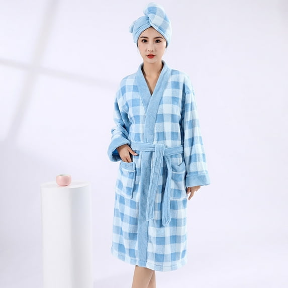 Womens Plush Fleece Hooded Robe Thickened Long Sleeve Soft Loungewear Absorbent Plaid Robe with Belt and Pocket Warm Cozy Bathrobe