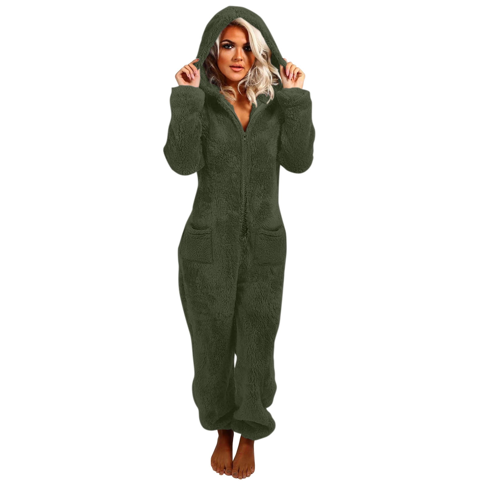 Womens Plush Fleece Onesies Pajamas Jumpsuit Warm Fuzzy Sherpa Romper Sleepwear One Piece Zip Up Hooded Playsuit Loungewear