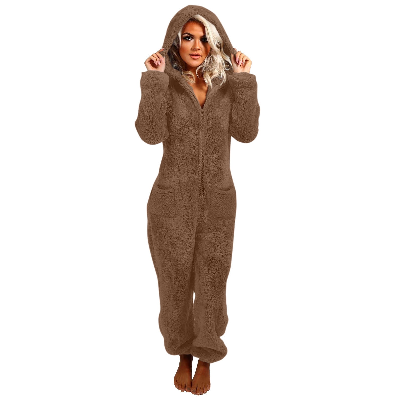 Womens Plush Fleece Onesies Pajamas Jumpsuit Warm Fuzzy Sherpa Romper Sleepwear One Piece Zip Up Hooded Playsuit Loungewear