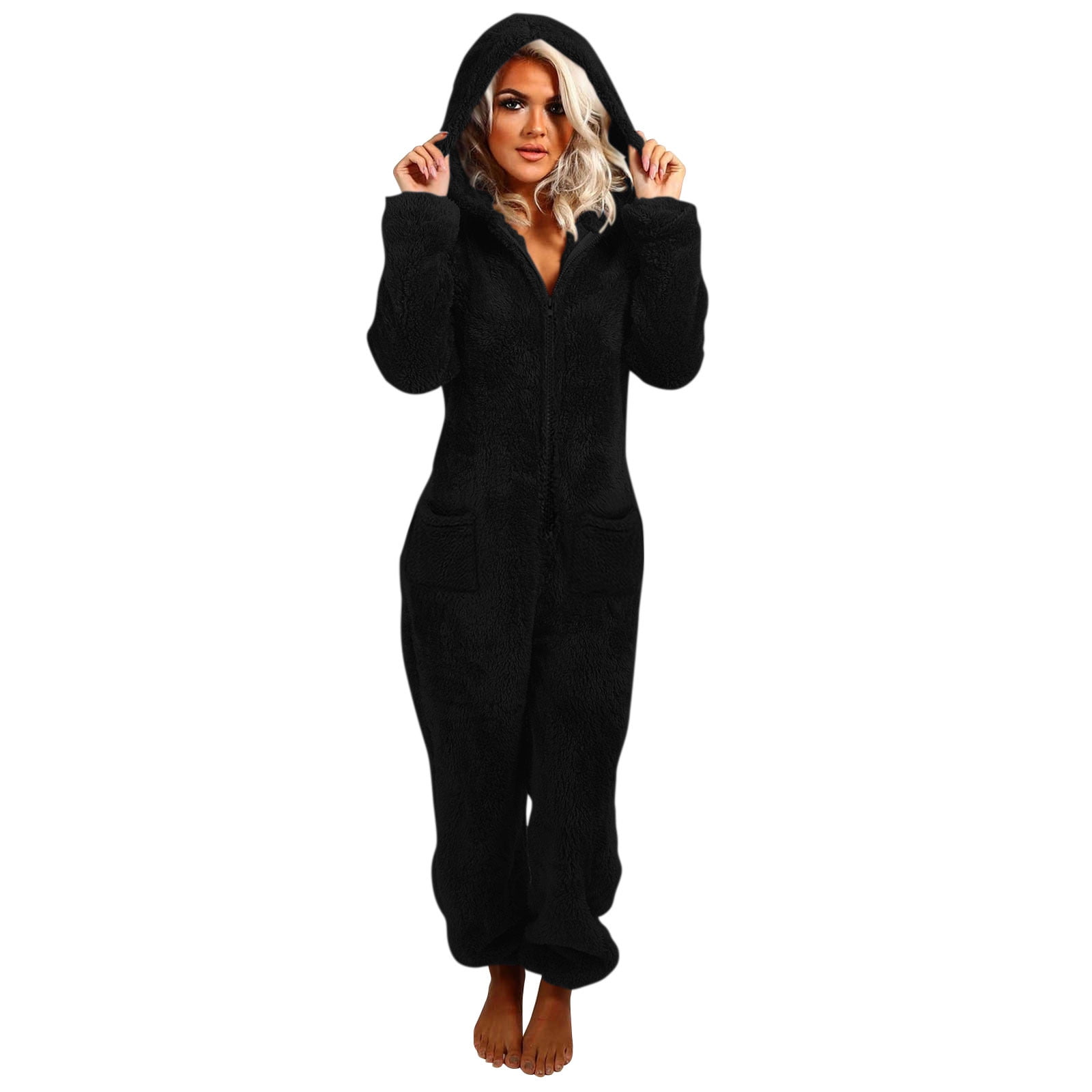 Womens Plush Fleece Onesies Pajamas Jumpsuit Warm Fuzzy Sherpa Romper Sleepwear One Piece Zip Up Hooded Playsuit Loungewear