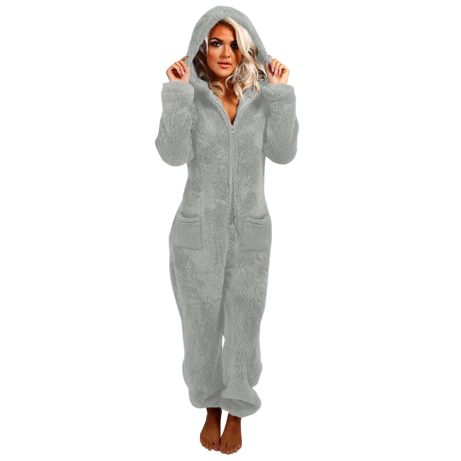 Womens Plush Fleece Onesies Pajamas Jumpsuit Warm Fuzzy Sherpa Romper Sleepwear One Piece Zip Up Hooded Playsuit Loungewear