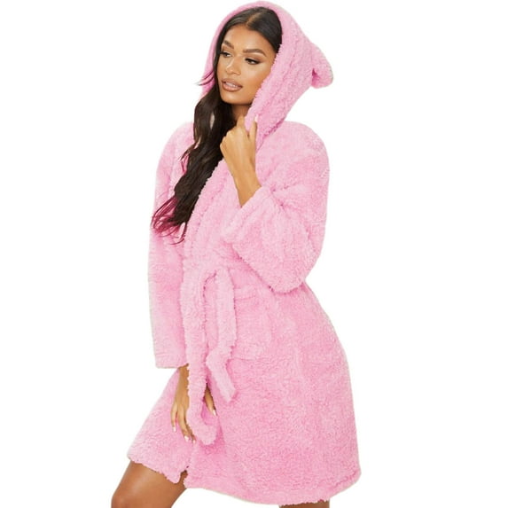 Womens Plush Fleece Robe Long Sleeve with Hood,Fluffy Sauna Gown Dressing Gown Sleepwear Fleece Dressing Gown Ear with Hood