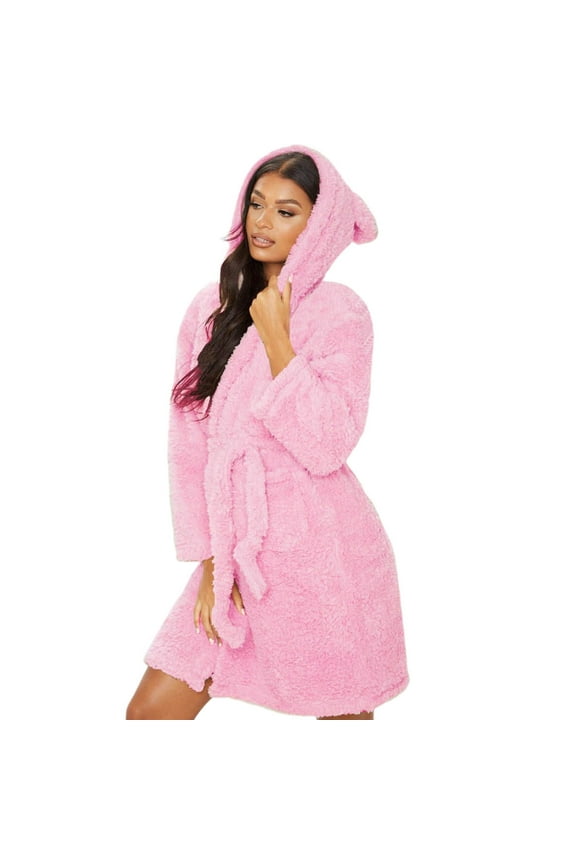 Womens Plush Fleece Robe Long Sleeve with Hood,Fluffy Sauna Gown Dressing Gown Sleepwear Fleece Dressing Gown Ear with Hood