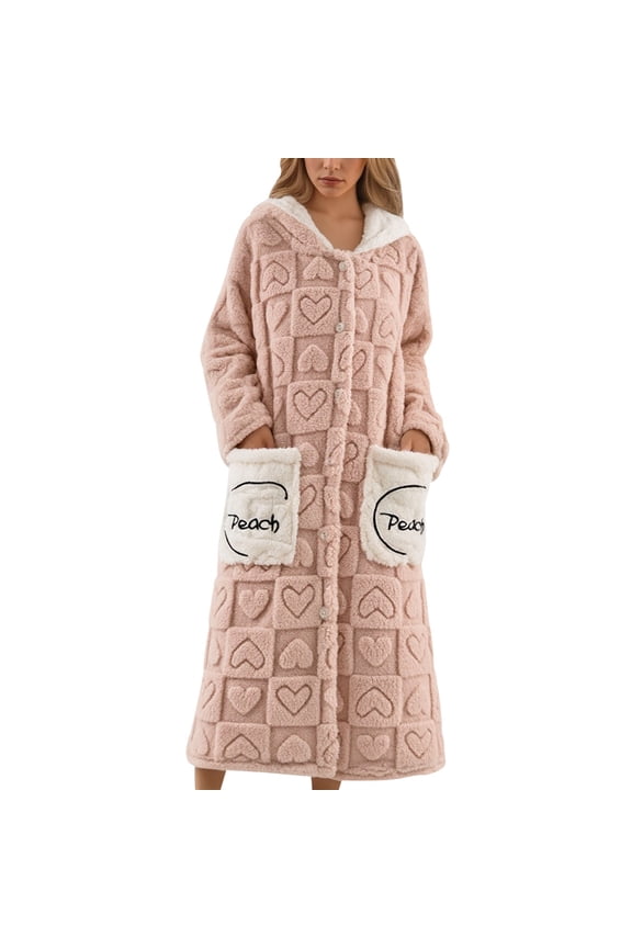 Womens Plush Robe Plaid Heart Embroidery Hooded Home Bath Robe Coat Pink XXXXXXXS