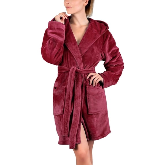Womens Plush Fleece Robe, Winter Cozy Warm Bathrobe Fuzzy Female Spa Short Hooded Robe with Pockets Pajama Skirt Women S-40 Red-a L