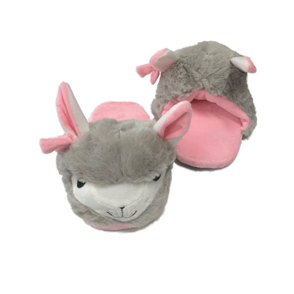 Womens Plush Gray & Pink Llama Slippers Scuffs House Shoes Small 5-6