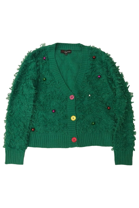 Womens Plush Green Jingle Bell Christmas Tree Cardigan Sweater Medium