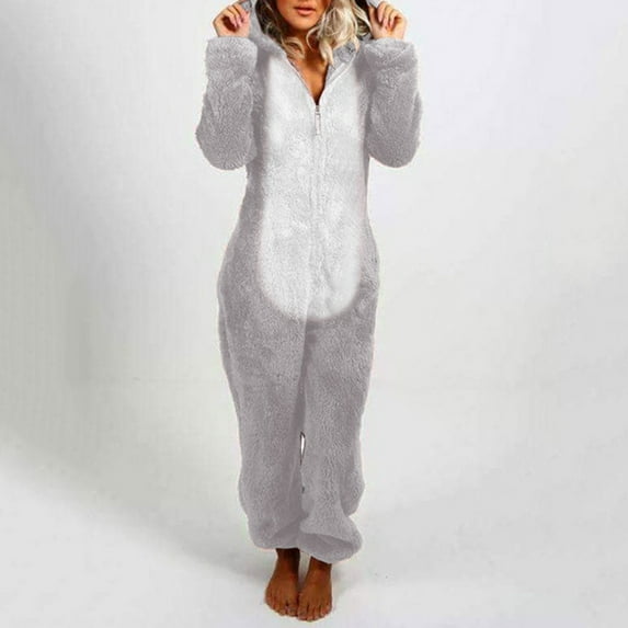 Womens Plush Hooded Jumpsuit Sherpa Fuzzy Pajamas 2023 Plus Size Long Sleeve Cute Cat One Piece Onesie Winter Warm Rompers Sleepwear