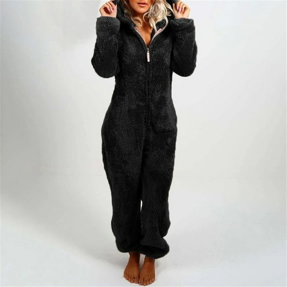 Womens Plush Hooded Jumpsuit Sherpa Fuzzy Pajamas 2023 Plus Size Long Sleeve Cute Cat One Piece Onesie Winter Warm Rompers Sleepwear