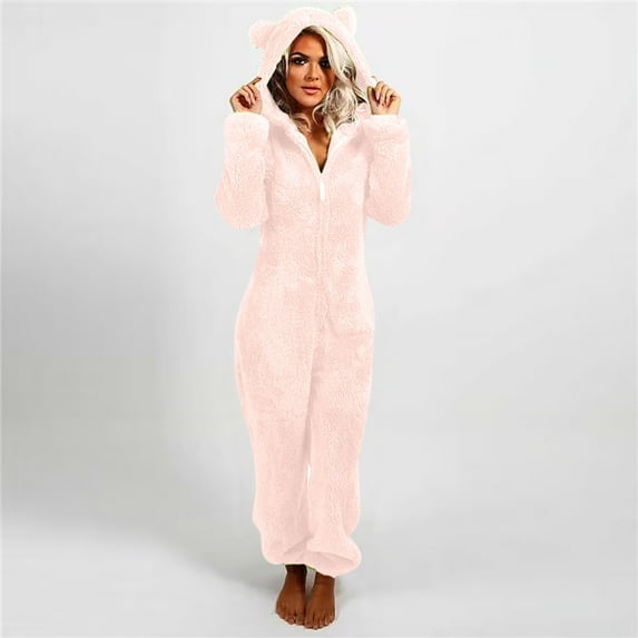 Womens Plush Hooded Jumpsuit Sherpa Fuzzy Pajamas 2023 Plus Size Long Sleeve Cute Cat One Piece Onesie Winter Warm Rompers Sleepwear