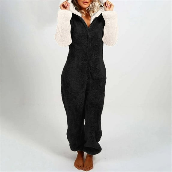 Womens Plush Hooded Jumpsuit Sherpa Fuzzy Pajamas 2024 Plus Size Long Sleeve Cute Cat One Piece Onesie Winter Warm Rompers Sleepwear