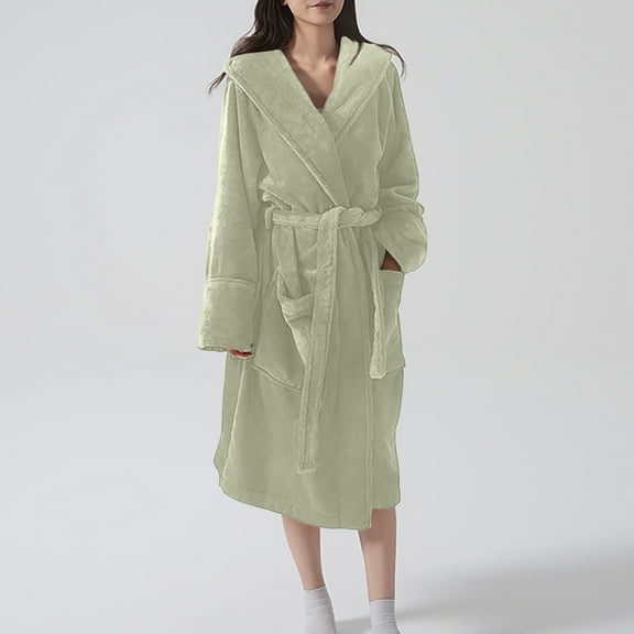 Womens Plush Hooded Robe Thickened Fleece Bathrobe Solid Color Fast Drying Absorbent Loungewear with Pocket and Belt Cozy Spa Robe
