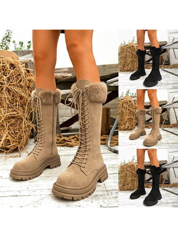Womens Plush Mid Calf Boots Retro Suede Front Lace Up Platform Warm Snow Combat Booties with Side Zipper
