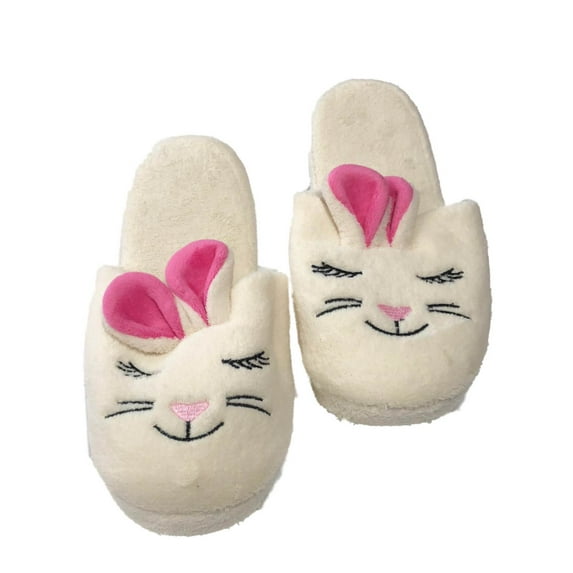 Womens Plush Off White Bunny Rabbit Slippers Scuffs House Shoes Medium 7-8