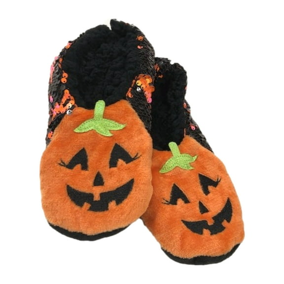 Womens Plush Orange & Black Flip Sequin Halloween Pumpkin Slippers M/L (8-10)