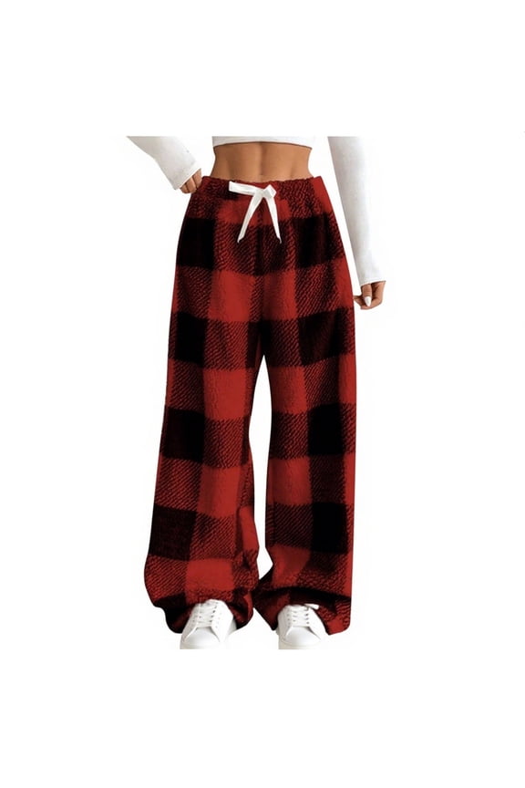Womens Plush Pajama Pants Plaid Pj Bottoms Winter Warm Fuzzy Fleece Lounge Pants Flannel Pajama Soft Fuzzy Cute Comfy Wide Leg Lounge Sleepwear with Pockets