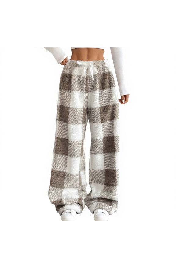 Womens Plush Pajama Pants Plaid Pj Bottoms Winter Warm Fuzzy Fleece Lounge Pants Flannel Pajama Soft Fuzzy Cute Comfy Wide Leg Lounge Sleepwear with Pockets