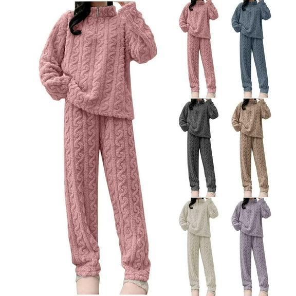 Womens Plush Pajama Set Cozy Winter Sleepwear Loose Fit Comfortable Lounge Wear Soft Material