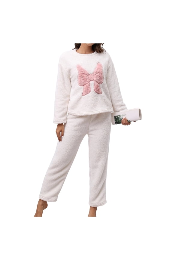Womens Plush Pajama Set Fuzzy Loose Lounge Sets Long Sleeve Sweater Fleece Pants 2Pcs Winter Warm Sleepwear Loungewear White M
