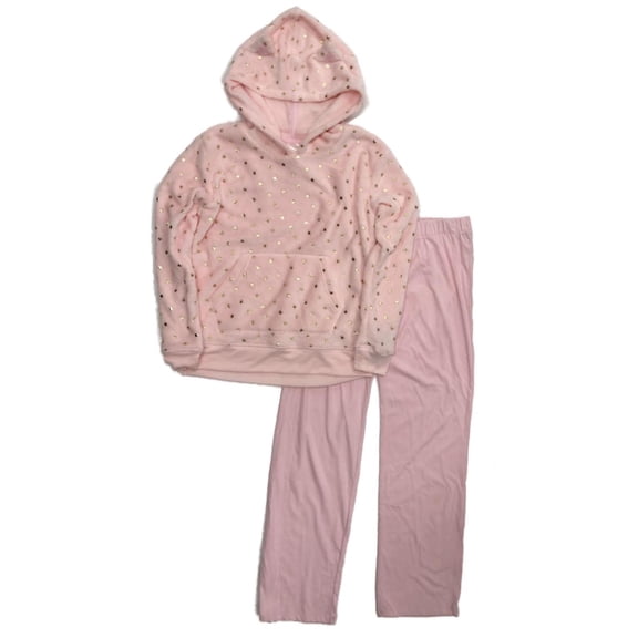 Womens Plush Pink & Gold Foil Star Pajamas Fleece Hoodie & Kint Sleep Pants Med