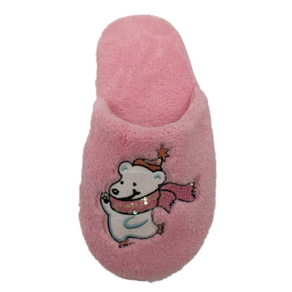 Womens Plush Pink Scuff Style Polar Bears & Ice Skates Slippers House Shoes S-M