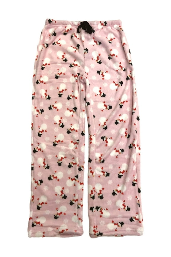 Womens Plush Pink Snowman & Snowflake Print Sleep Pants Pajama Bottoms Medium