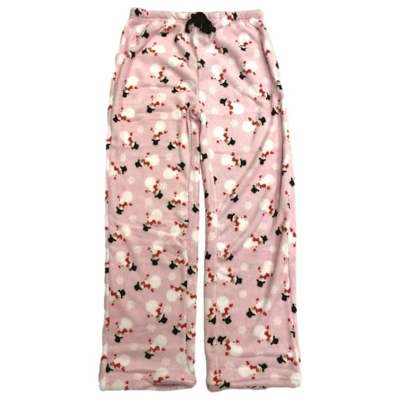Womens Plush Pink Snowman & Snowflake Print Sleep Pants Pajama Bottoms Small