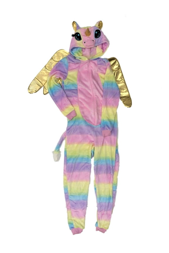 Womens Plush Rainbow Unicorn Union Suit Sleeper Hoodie Pajamas Medium