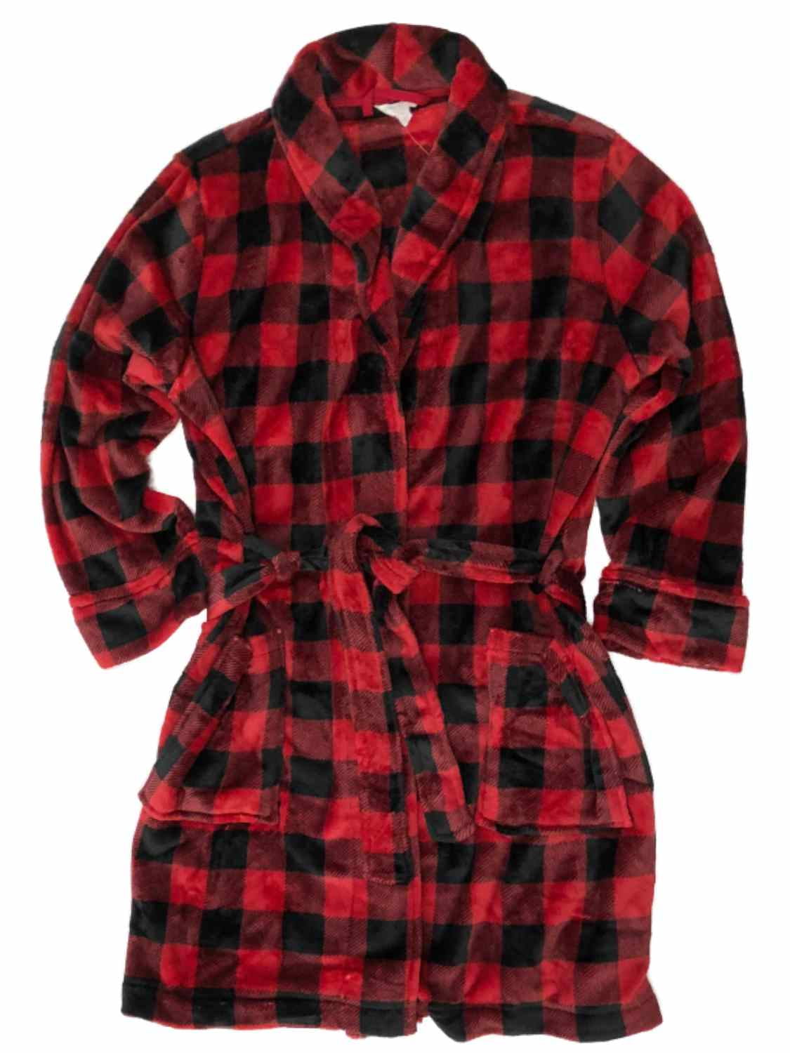 Womens Plush Red & Black Buffalo Plaid Bathrobe House Coat Bath Robe ...