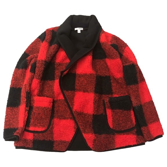 Womens Plush Red Buffalo Plaid Sherpa Open Front Cardigan Sweater Jacket Small