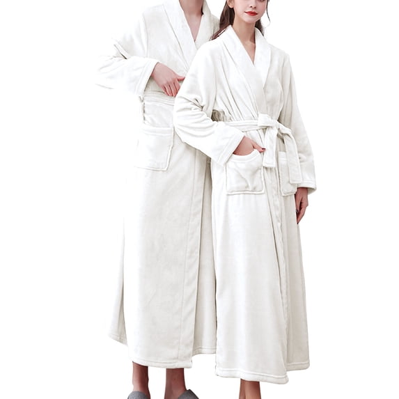 Womens Plush Robes Long Soft Jacquard Double Pocket Flannel Bathrobe Soft Warm Double Faced Velvet Bathrobe Pajamas Home Wear Bathrobe Robe Loungewear Beige L