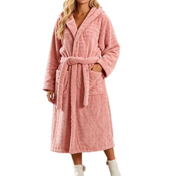 Womens Plush Robes Long Soft Jacquard Fluffy Bathrobe Hooded Robe Sleepwear with Pockets Pink Free Size