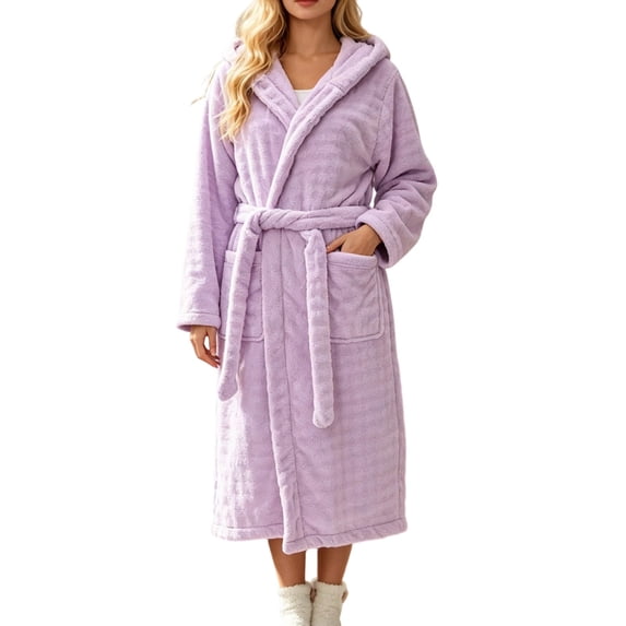 Womens Plush Robes Long Soft Jacquard Fluffy Bathrobe Hooded Robe Sleepwear with Pockets Rose Gold Free Size
