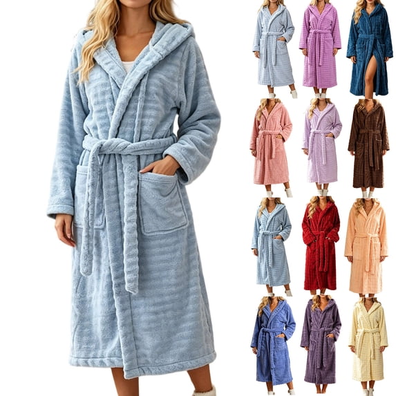 Womens Plush Robes Long Soft Jacquard Fluffy Bathrobe Hooded Robe Sleepwear with Pockets Sky Blue Free Size