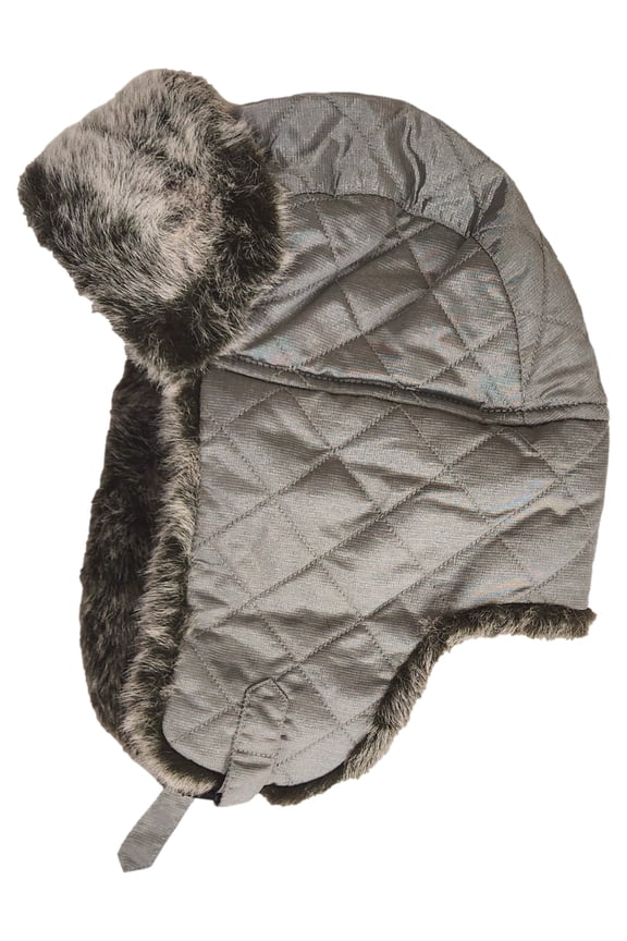 Womens Plush Silver Gray Quilted Trapper Hat Winter Cap