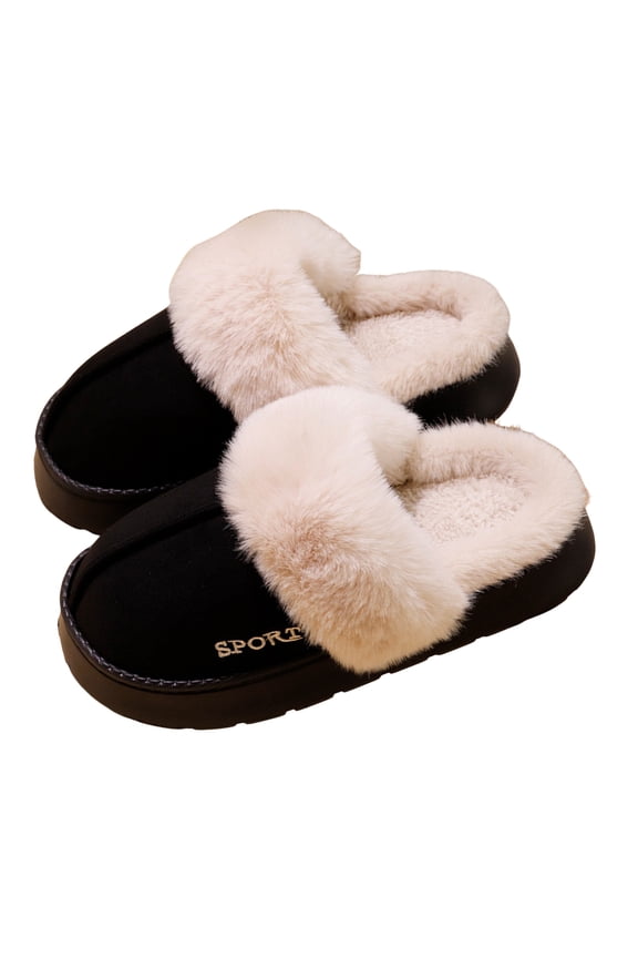 Womens Plush Slippers Warm Lined Slip on House Shoes Scuff Slipper Comfy Platform Memory Foam Winter Slides Black 7