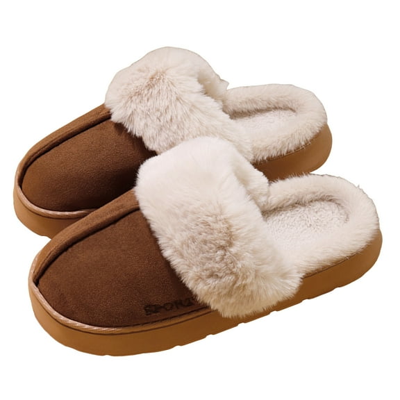 Womens Plush Slippers Warm Lined Slip on House Shoes Scuff Slipper Comfy Platform Memory Foam Winter Slides Coffee 7