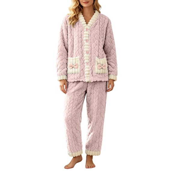 Womens Plush Thicken Pajamas 2PC Set Fluffy Soft Winter LoungewearWarm Sleepwear with Pockets, Long Sleev