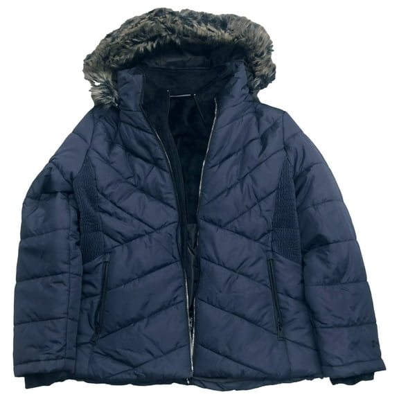 Womens Plush Trimmed Quilted Navy Blue Winter Coat Puffer Jacket Large