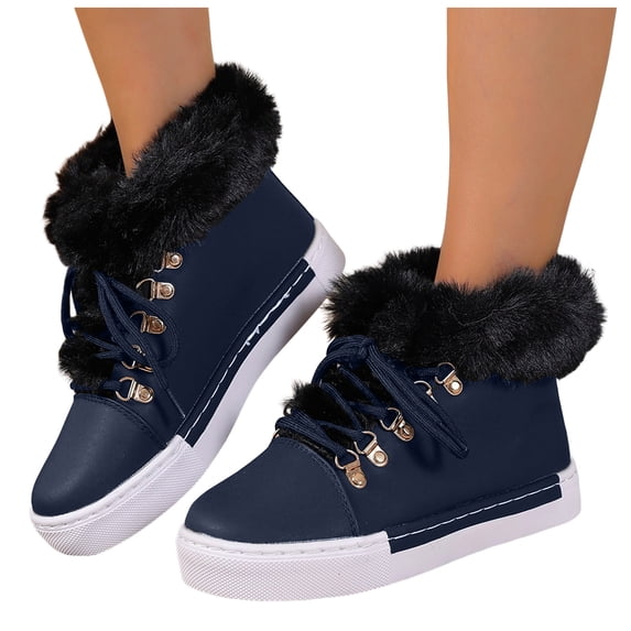 Womens Plush Winter Boots Fashion Lace up Platform Waterproof Leather Flat Snow Booties Casual Round Toe Walking Shoes Dark Blue Size 9